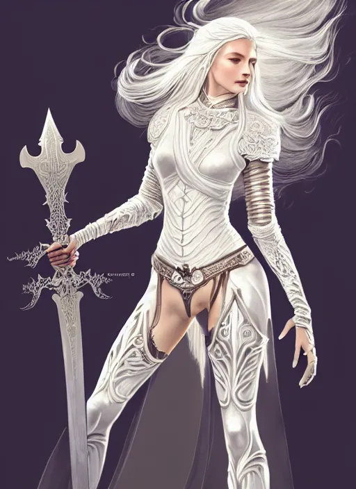 Image similar to full body painting of a woman with flowing luscious glowing white hair standing whilst holding a sword, wearing intricate plate - armor and leather underneath. intricate, elegant, highly detailed, digital painting, artstation, concept art, smooth, sharp focus, illustration, by terry wei, qiu fang, tooth wu, kan liu, siwoo kim, jisu choe