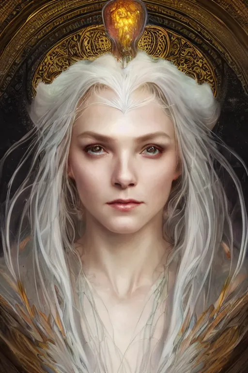 Image similar to realistic portrait of a beautiful white witch, crafting spells, bright witch, beautiful face, fantasy, chaos, magic, dark magic, dramatic lighting, intricate, wild, highly detailed, digital painting, artstation, concept art, smooth, sharp focus, illustration, art by artgerm and greg rutkowski and alphonse mucha, footage from space camera