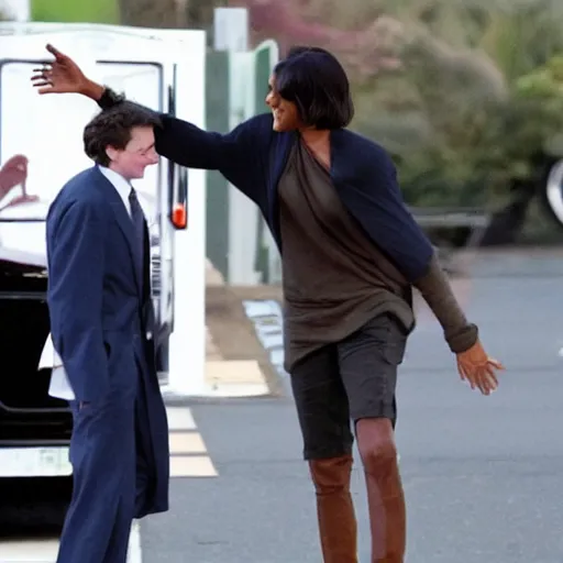 Image similar to paparazzi photo of arya stark high fiving barrack obama