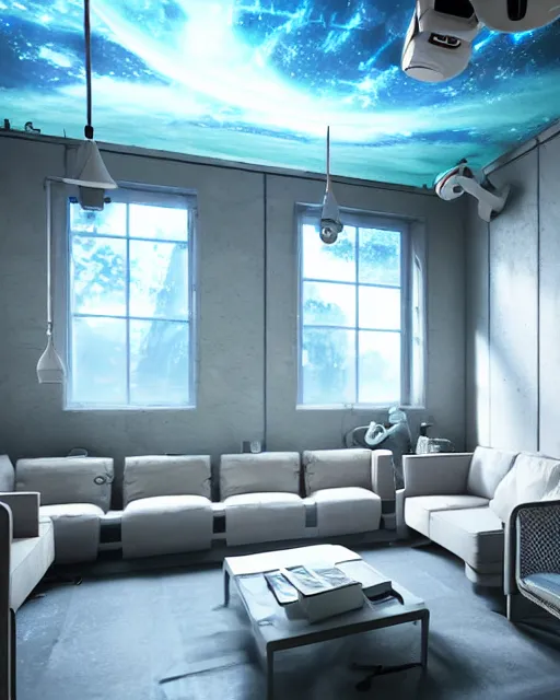 Image similar to artstation scifi scene of a safe room as ikea ad, lounge furniture, large terrarium, sky mural on the room ceiling, paneled walls, unreal engine 5, hyper realism, realistic shading, cinematic composition, blender render, octane render, hdr, detailed textures, photorealistic, wide shot