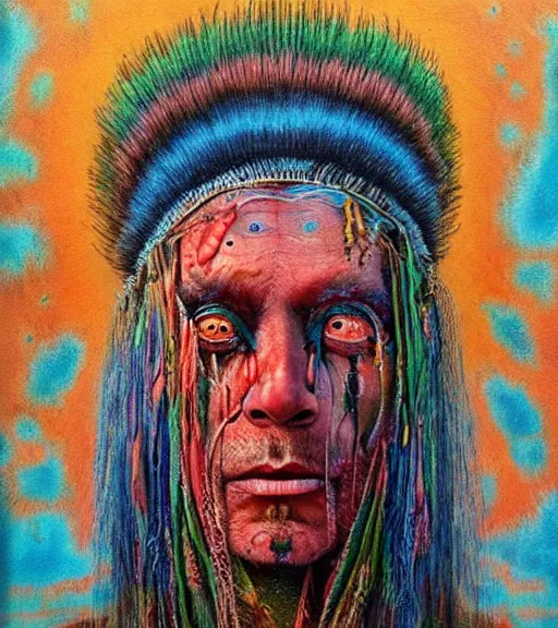 Image similar to Portrait painting in a style of Beksinski mixed with Alex Grey of an old shaman dressed in a colorful traditional clothes. Symmetry