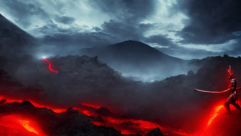 Prompt: samurai struggling through volcanic terrain, thunderstorm, cinematic lighting, wide shot, octane render, 4 k, 8 k, artstation, concept art