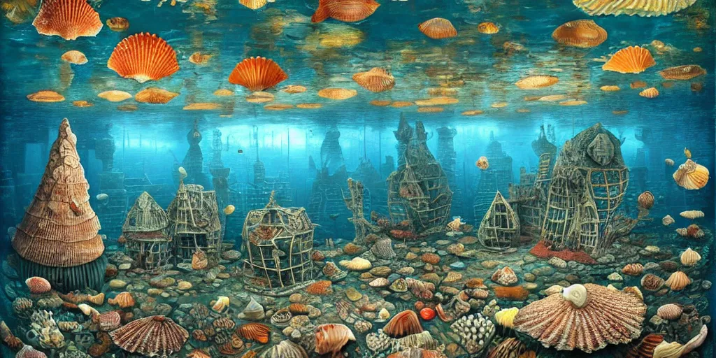 Prompt: underwater city inside!! the seashell, seaweed, corals, carps, koi fish, small scandinavian!!! houses, little people!!!, by jacek yerka by levitan, surrealistic painting, masterpiece, oil painting, sharp focus, highly detailed, intricate, smooth, 8 k,