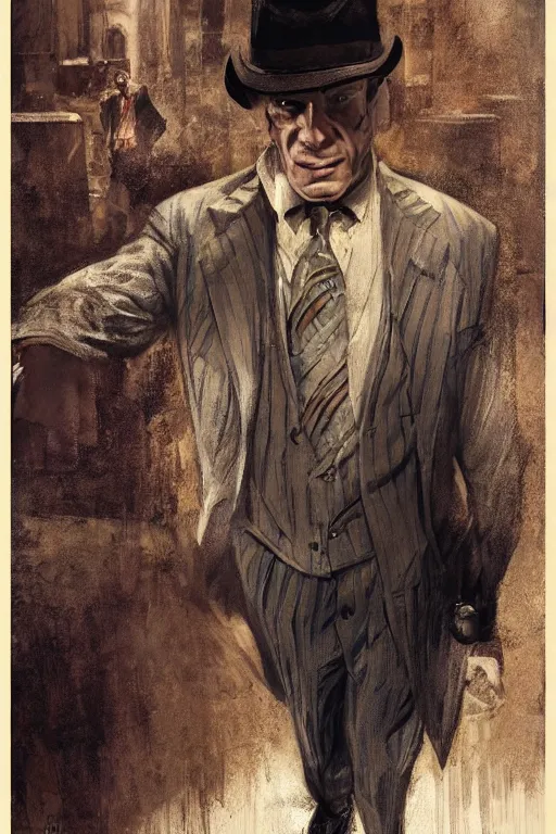 Image similar to an older man in a suit as a Mafia: Definitive Edition character, upper body, highly detailed, intricate, sharp details, dystopian mood, 1950 character portrait by gaston bussiere, craig mullins, drawn by Giacomo Burattini, inspired by graphic novel cover art