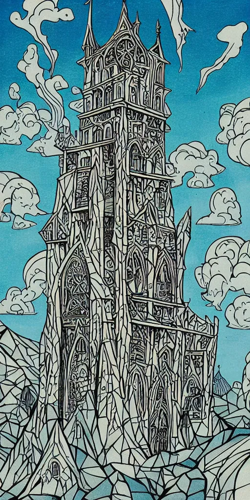 Prompt: mcbess illustration of a gothic tower, rainbow gouache