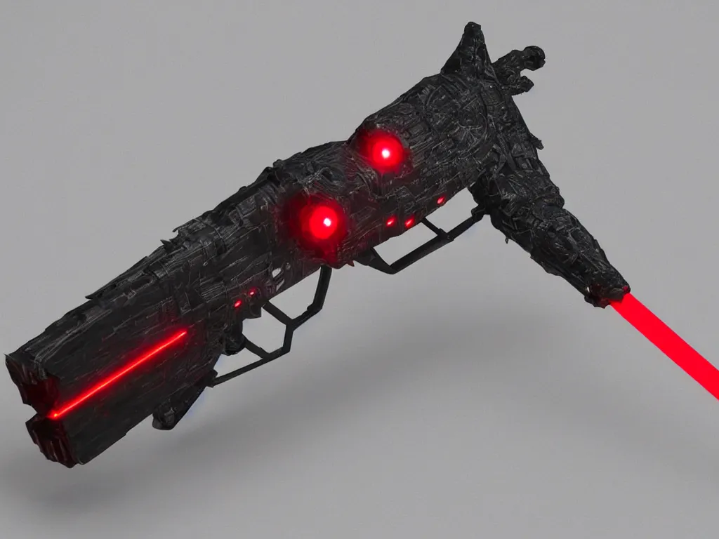 Prompt: futuristic weapon made of brushed metal, chrome and carbon, intricate gold linings, red leds