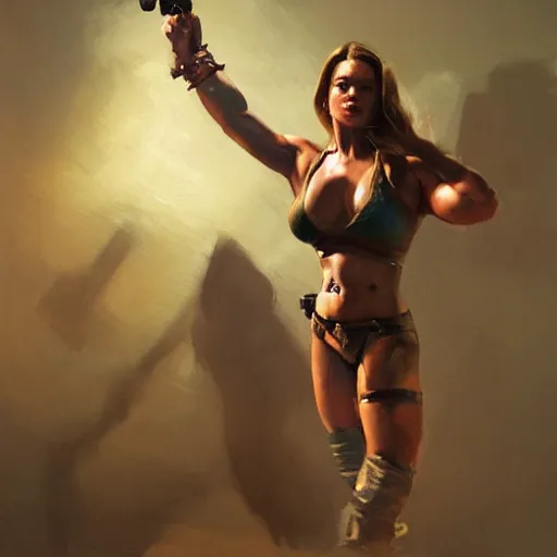 Prompt: greg manchess portrait of margot robbie as thick female bodybuilder lara croft wearing red armour, epic grimdark, fantasy, medium shot, asymmetrical, profile picture, organic painting, sunny day, matte painting, bold shapes, hard edges, street art, trending on artstation, by huang guangjian and gil elvgren and sachin teng