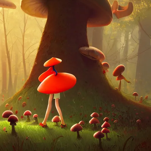 Image similar to goro fujita ilustration a cheerful girl collecting mushrooms in the forest, characterized by blackshear thomas, character art, sharp focus, highly detailed, artstation