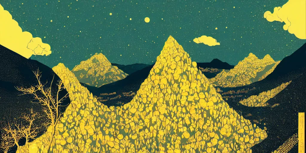 Prompt: mountain under the moonlight, the foot of the mountain is full of golden flowers and a giant golden tree, river reflections ， victo ngai, artstation, light effect - h 6 4 0