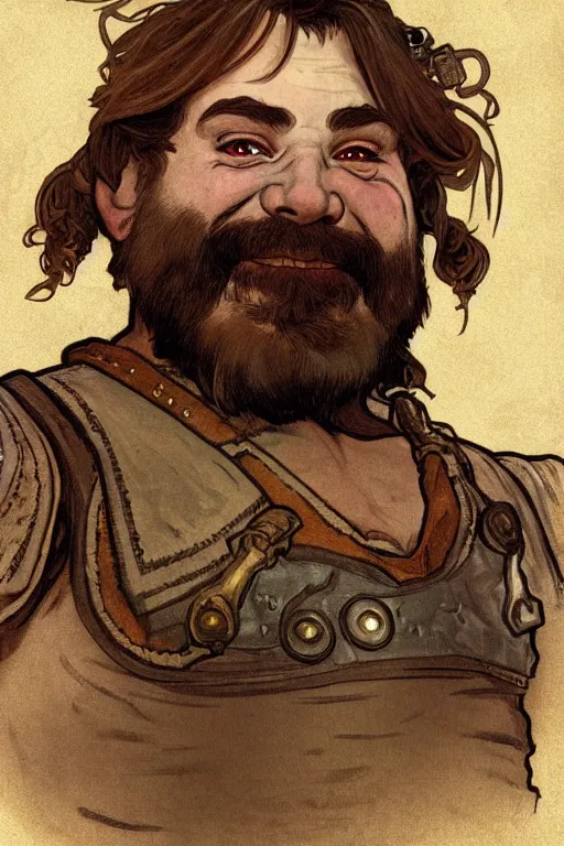 Prompt: head and shoulders portrait of a dwarf adventurer, jovial, scarred lip, grandfatherly, leather armor, male, tavern background, high fantasy, d & d, by alphonse mucha, face details, extremely detailed, digital illustration