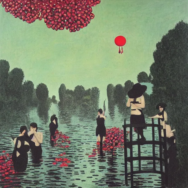 Image similar to painting of flood waters, zen, a tall catgirl art student, a river flooding inside, art supplies, pigs, ikebana, water, river, rapids, waterfall, black swans, canoe, pomegranate, berries dripping, acrylic on canvas, surrealist, by magritte and monet