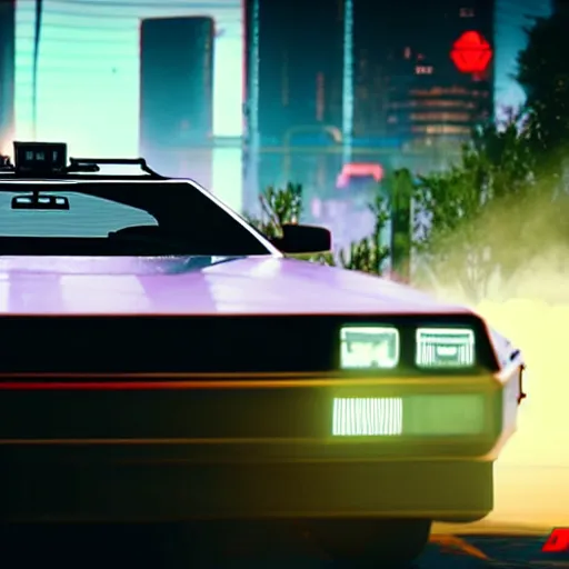 Image similar to flying dmc 1 2 delorean in cyberpunk 2 0 7 7