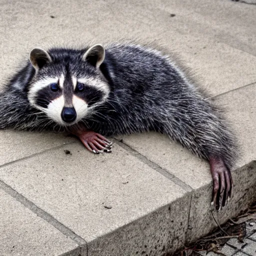 Prompt: morbidly obese homeless dirty racoon 4k photo