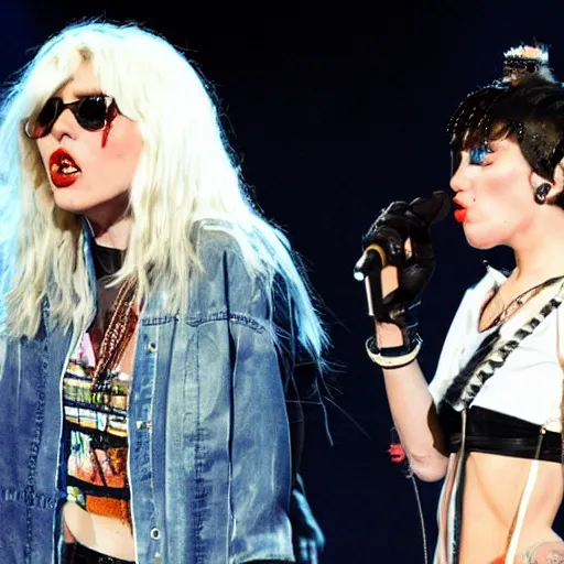 Image similar to Miley Cryus and young Debbie Harry rock the stage live in front of a sold out arena