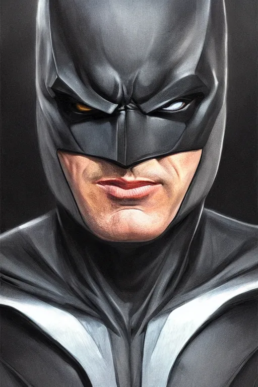 Image similar to Portrait of Michael Keaton as Batman, dark cinematic lighting, intricate, elegant, highly detailed, digital painting, artstation, painted by Artgerm and Mark Waid and Greg Rutkowski and Mandy Jurgens