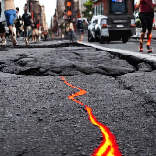 Image similar to lava coming out of cracks in the street, people running, cinematic, photorealistic