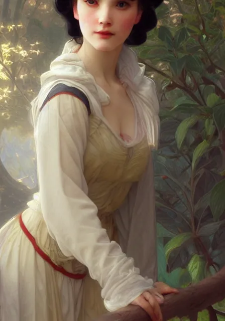 Prompt: little snow white, intricate, elegant, highly detailed, digital painting, artstation, concept art, smooth, sharp focus, illustration, art by artgerm and greg rutkowski and alphonse mucha and william - adolphe bouguereau