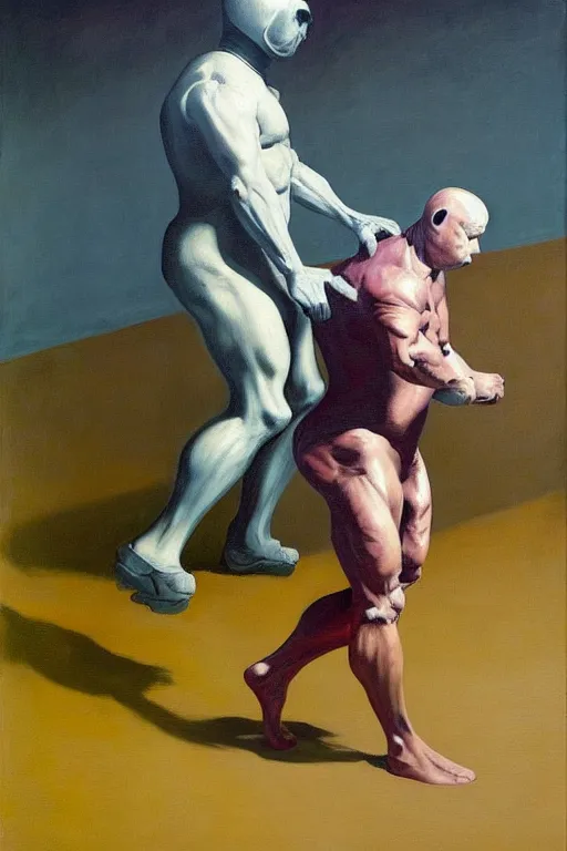 Image similar to astronaut bodybuilder carries a horse in his hands, hauntingly surreal, highly detailed painting by francis bacon, edward hopper, adrian ghenie, gerhard richter, and james jean soft light 4 k,