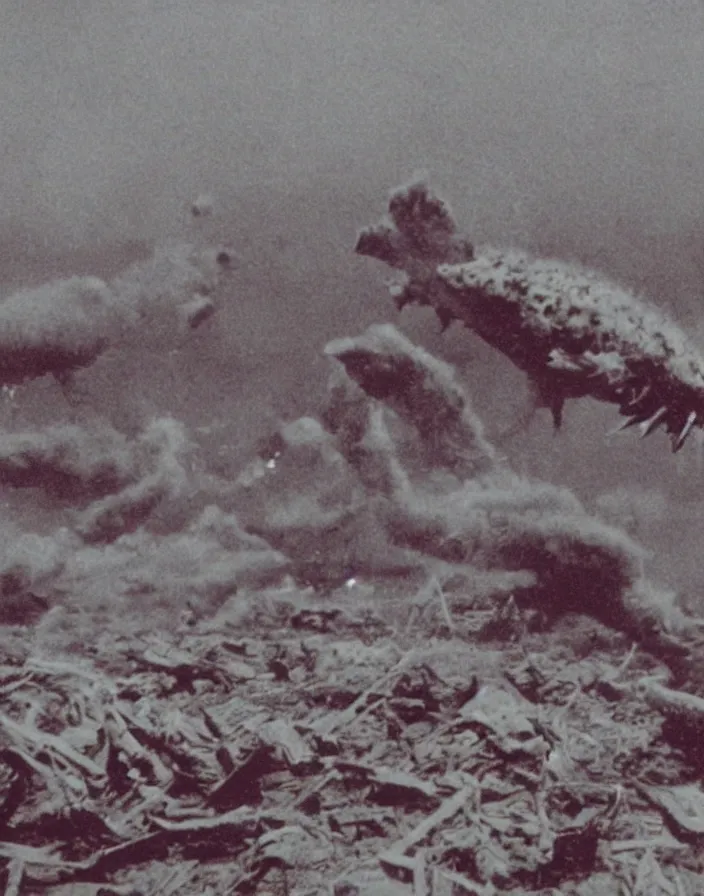 Image similar to a filmstill of a north korean monster movie, kaiju - eiga monster starfish - like trampling a traditional korean palace, foggy, film noir, epic battle, etheral, explosions, thriller, by akira kurosawa and wes anderson video compression