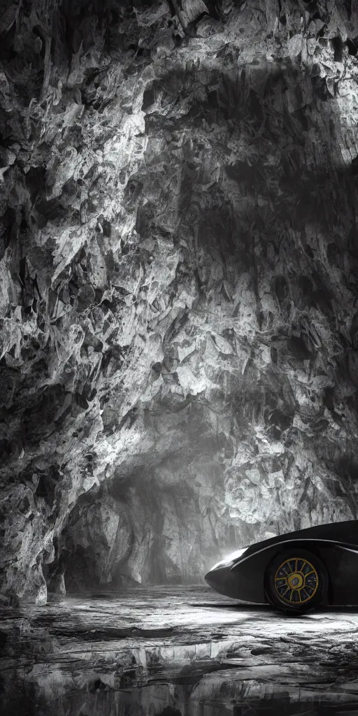 Image similar to the batmobile standing in a very dark and wet cave. highly detailed. intricate. mist. atmospheric. rim light. photorealistic. 8 k. monochrome. rays of light filling the cave. cinematic. matte painting. cinema 4 d. octane render. imagined by ash thorp. ambient occlusion. global illumination.