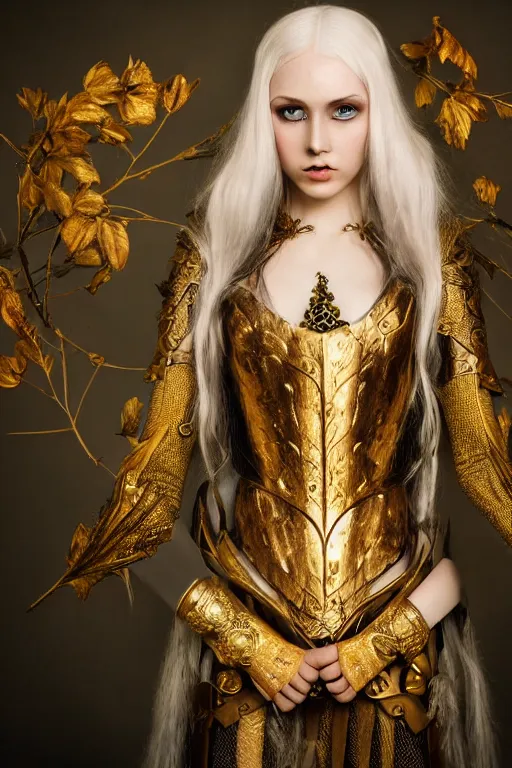 Image similar to very beautiful elven top model, golden hair, wearing alexander mcqueen gothic victorian armor with leaves and flowers, luxury materials, symmetrical, cinematic, elegant, professional studio light, real dlsr photography, sharp focus, 4 k, ultra hd, sense of awe, high fashion