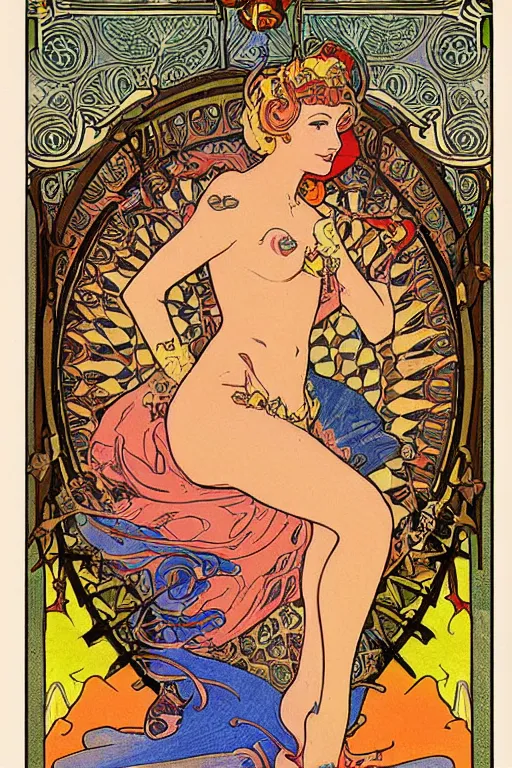 Image similar to full length painting of princess peach art nouveau, tarot card by mucha, gaudy colors, sharp edges, intricate linework.