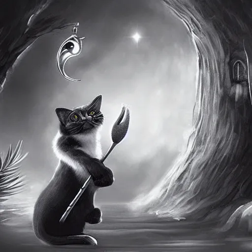 Image similar to fantasy black and white cat holding magic staff, high detail, digital art, concept art, 4k