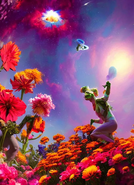 Image similar to An epic fantastic realism comic book style painting of the most beautiful flowers launched into space, bouquets, glorious galactic collision, sharp focus, fisheye, unreal 5, DAZ, hyperrealistic, octane render, dynamic lighting