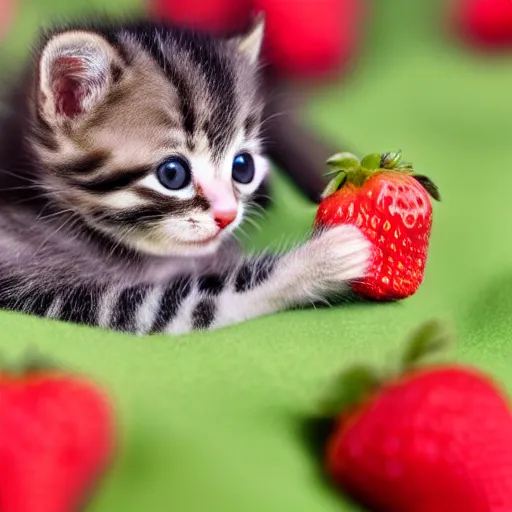 Image similar to macro shot photograph of an extremely tiny baby kitten lying on top of a gigantic strawberry