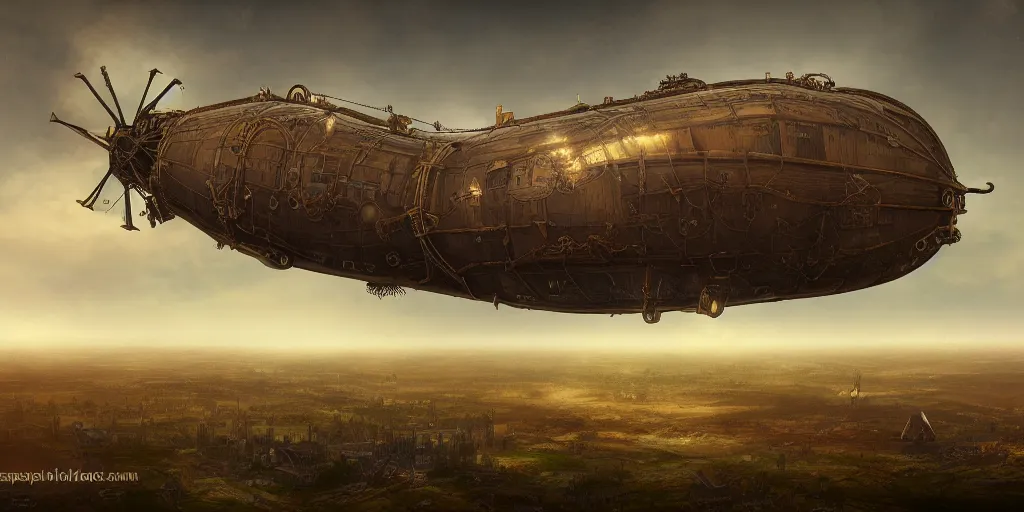 Image similar to steampunk airship hovering over fields and small houses, science fiction digital art, award winning, trending on artstation, digital art. highly detailed 8 k. intricate. lifelike.