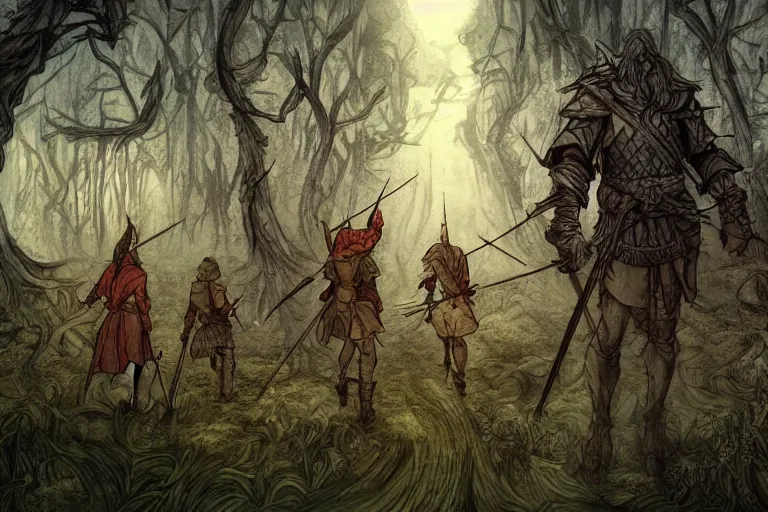 Prompt: adventuring party consisting of warrior, archer and wizard walking down a forest path, in the style of Greg Broadmore and Arthur Rackham,trending on artstation, light lighting side view,digital art,surrealism ,macro,blueprint ,vaporwave ,