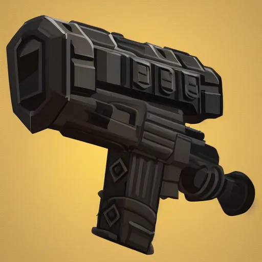 Prompt: heavy dieselpunk grenade launcher on a black background | | stylized weapon icons, digital painting, isometric, by greg rutkowsky, trending on artstation