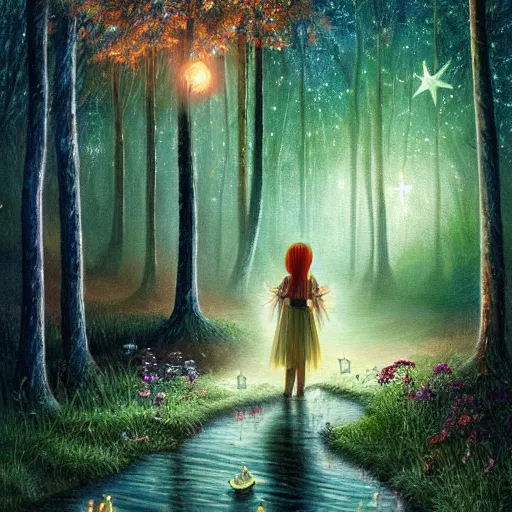 Image similar to realist painting, high detail, woodland village, in the night, fantasy, crescent moon, luminous, toadstools, fireflies, fantasy, mist, highly detailed painting, fine lines, light rays, attractive woman fairy, 8 k realistic, sharp focus