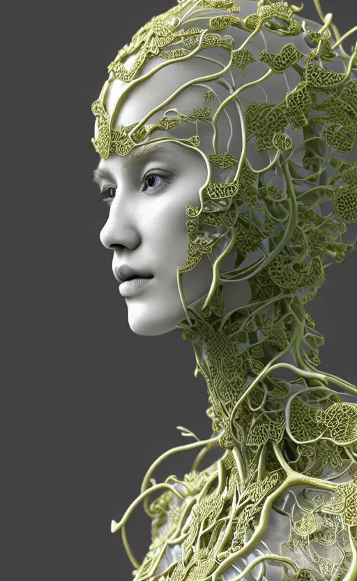 Image similar to complex 3d render ultra detailed of a beautiful porcelain profile woman face, vegetal dragon cyborg, 150 mm, beautiful natural soft light, rim light, silver gold details, magnolia lime green leaves and stems, roots, fine lace, maze like, mandelbot fractal, anatomical, facial muscles, cable wires, microchip, elegant, white metallic armour, octane render, black and white, H.R. Giger style