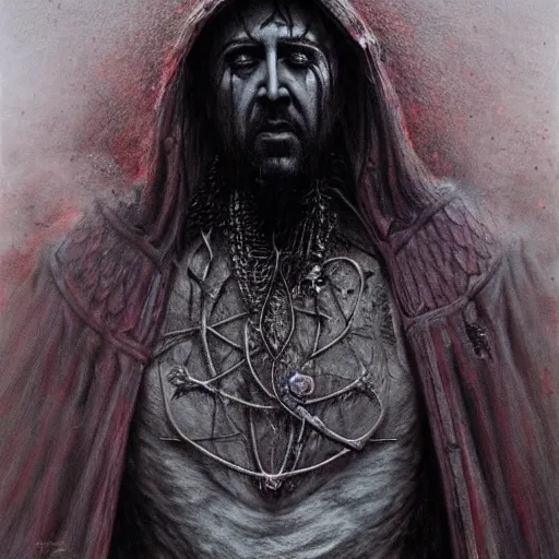 Prompt: Nicolas Cage as god of chaos in a hood dark fantasy, intricate, smooth, artstation, painted by Wayne Barlowe, zdislav beksinski