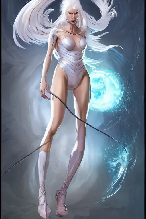 Image similar to comic art, a gorgeous beautiful female with white hair long legs standing at a dimensional gateway,full character design,8k,art by Stanley Artgermm,Travis Charest,trending on Artstation,face enhance,hyper detailed,full of colour,cinematic,dynamic lighting