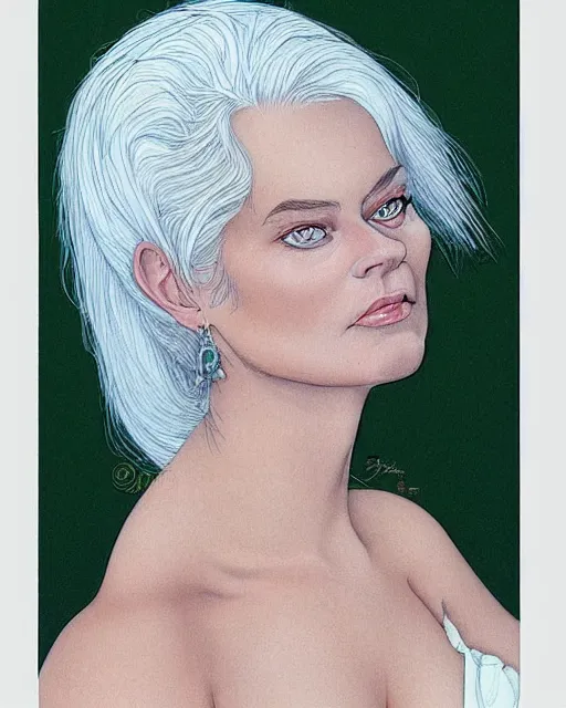 Prompt: beautiful woman with white hair and green eyes, portrait, elegant, dusk, illustration, art by moebius Jean Giraud