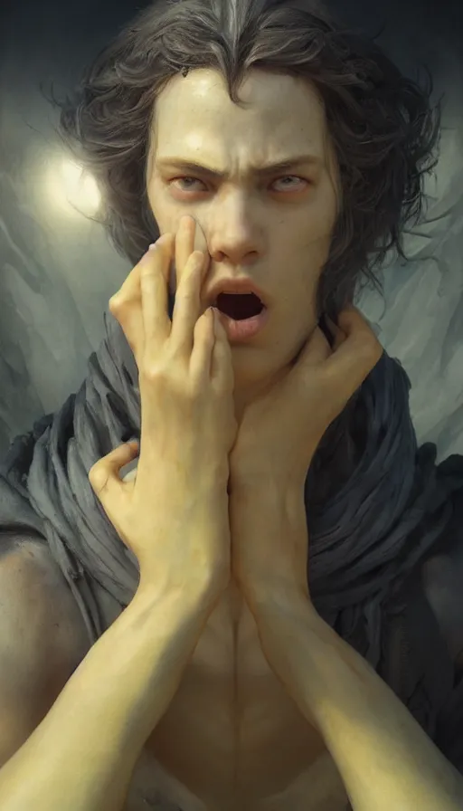 Prompt: epic masterpiece sadness, drama, sweaty skin, hyperrealistic, expressive, emotional, moody, back light, keylight, professional photography, octane render, cinematic, beautiful face and flawless skin, perfect hands, 5 fingers, yellow by Edgar Maxence and Ross Tran and Michael Whelan and Lorenzo Sperlonga, Brom, Legends of Runeterra