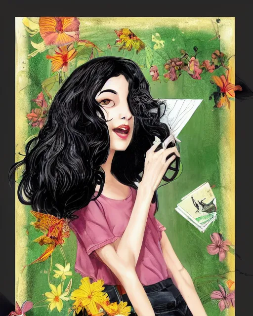 Prompt: happy birthday postcard to black haired girl in a style of Neil Gaiman book , trending on artstation, 8k, highly detailed