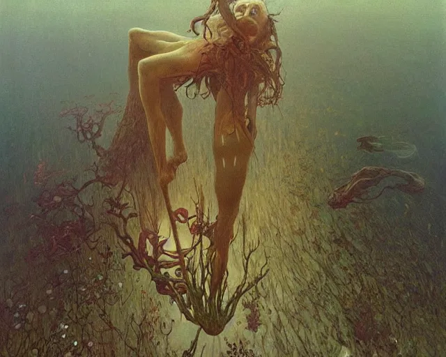 Image similar to the last sight before death by drowning, painted by zdzislaw beksinski and artgerm and greg rutkowski and alphonse mucha and rene laloux