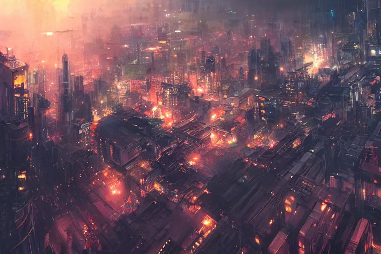 Prompt: sci - fi bangkok cityscape. wide angle night photo. helicopter view. exaggerated detail. volumetric lighting. art by krenz cushart and wenjun lin and masamune shirow.