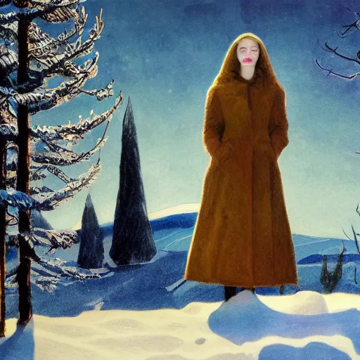 Image similar to Elle Fanning in a winter wonderland, head and shoulders masterpiece, apocalypse, golden hour, cosmic horror, artstation, in the style of Andrew Wyeth and Edward Hopper and Edwin Blashfield, extremely detailed