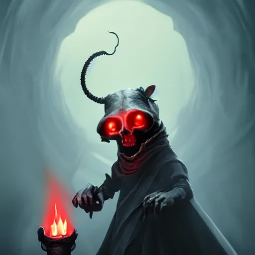 Image similar to an anthropomorphic rat with a rat skull head and glowing red eyes wearing dark robes and floating in blue smoke and holding a blue flame in each bony claw, dramatic lighting, darkness and bright blue smoke, foreboding, photorealistic, sharp focus, 8 k, artstation, artstation hq, greg rutkowski, gregory manchess