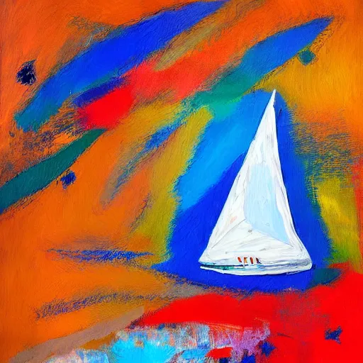 Image similar to a painting of a sailboat floating on a body of water, an abstract painting by ted degrazia, reddit contest winner, lyrical abstraction, mixed media, acrylic art, oil on canvas