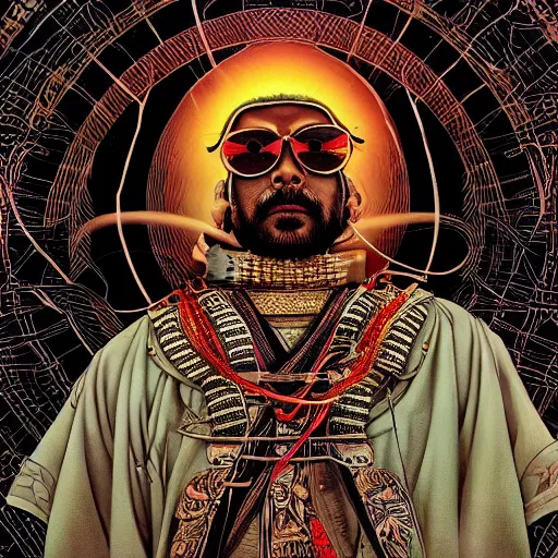 Prompt: portrait of sri lankan man with round digital sunglasses, as samurai, symmetrical, by yoichi hatakenaka, masamune shirow, josan gonzales and dan mumford, ayami kojima, takato yamamoto, barclay shaw, karol bak, yukito kishiro