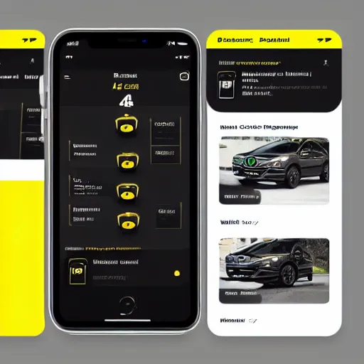 Prompt: a full ux layout of a connected car dashboard and marketplace mobile app for ios with a black and yellow theme.