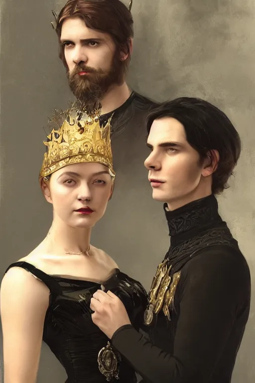 Prompt: a portrait of handsome young male nordic Satan wearing a crown and his elegant beautiful nordic cultist wife dressed in black, bored, illustration, dramatic lighting, soft details, painting oil on canvas, art nouveau, octane render, HDR, 4k, 8k, HD, by Edmund Blair Leighton, Brom, Charlie Bowater, trending on artstation, faces by Tom Bagshaw, Sargent