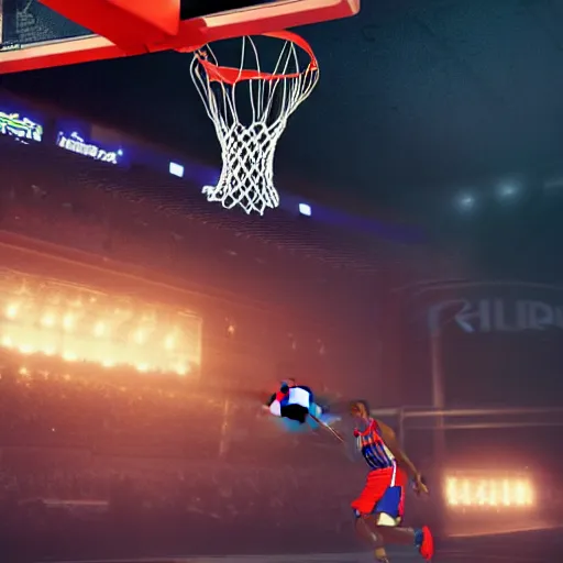 Prompt: charles barkley chaos dunk, 8 k uhd, unreal engine, reflected chrome, octane render in the artstyle of greg rutkowski
