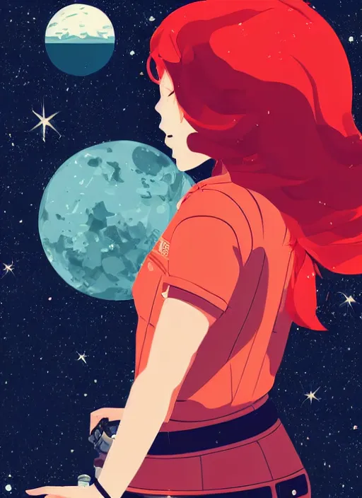 Image similar to a beautiful woman with red hair floating in space. she is an astronaut, wearing a space suit. clean cel shaded vector art. shutterstock. behance hd by lois van baarle, artgerm, helen huang, by makoto shinkai and ilya kuvshinov, rossdraws, illustration, art by ilya kuvshinov