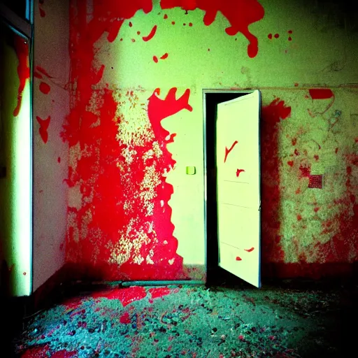 Prompt: lomo photo of ghost in abandoned hospital, red splatters on the wall, yellow floor, washed colors, dark, moody, creepy, foggy